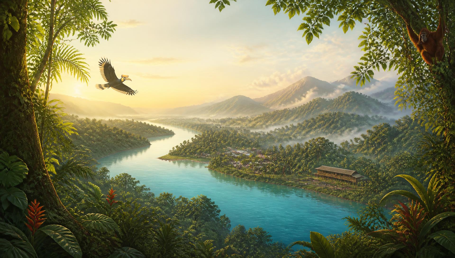 Illustrated rainforest and river landscape in Indonesian Borneo at sunrise